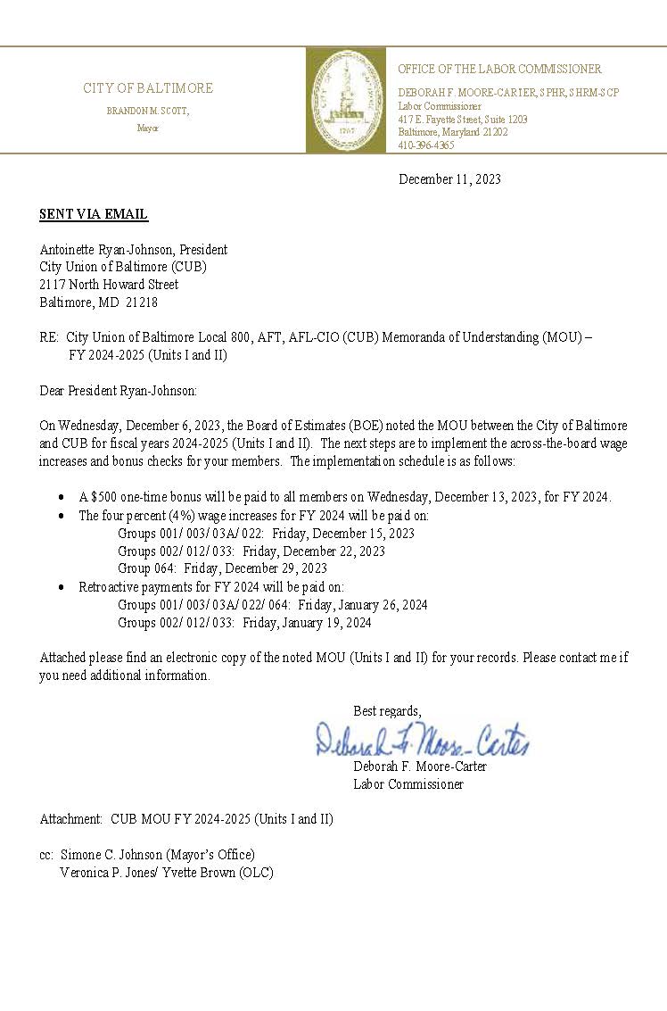 Letter, RE: MOU between City of Baltimore and CUB for FY2024-2025