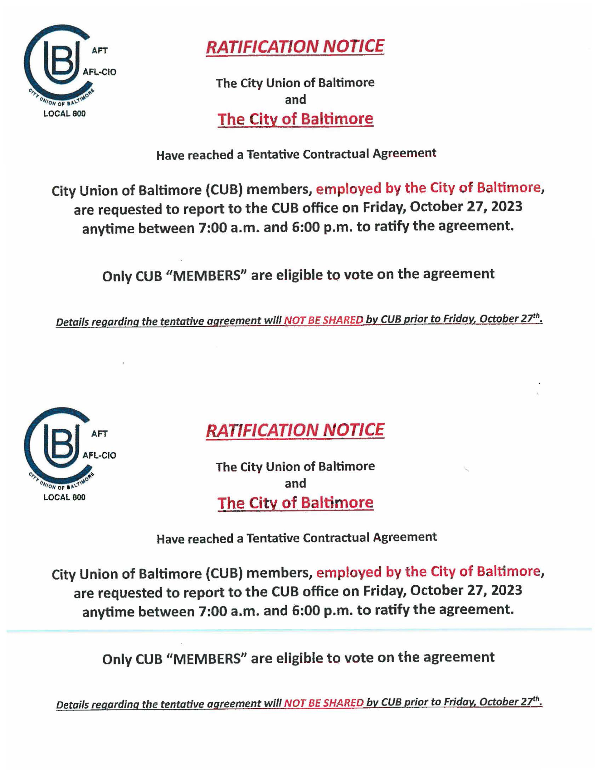 CUB ratification notice